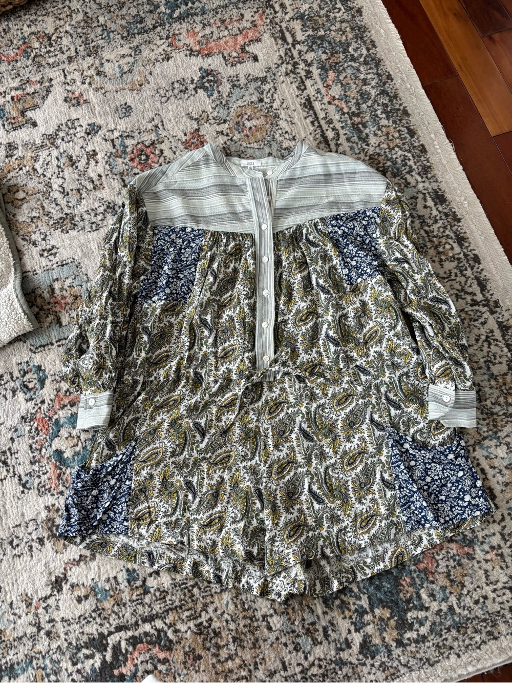 lucca paisley patchwork longsleeve romper with adjustable waist